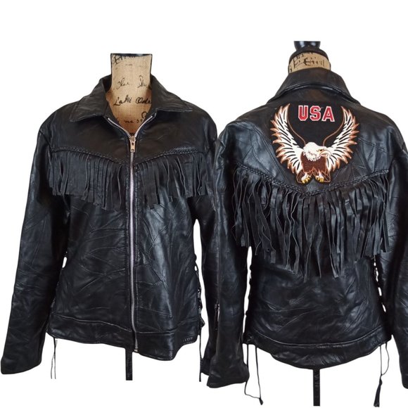Vintage It's Feasible Fringed Patchwork Black Leather Moto Jacket